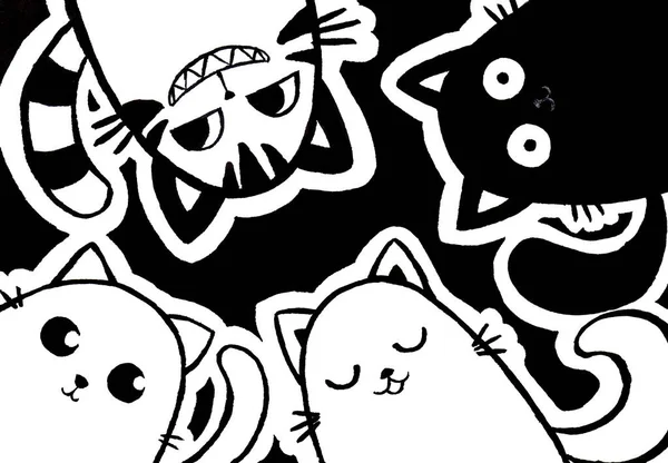 ハロウィンやペットアートの広告の装飾のための4匹の猫漫画のキャラクターブラックインクハンドペイント — ストック写真