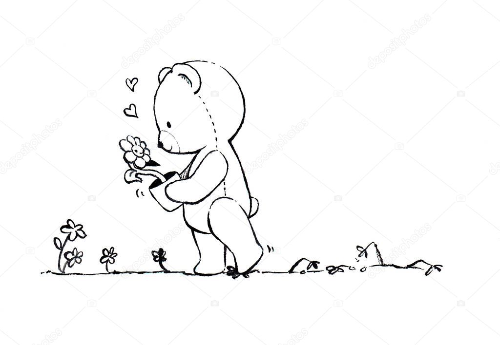 Cute teddy bear carried a flower pot, walking away, stepping on small flowers on the walkway. Line drawing cartoon style illustration on a white background.