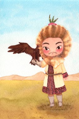 Moğol adam ve kartalı arka planda dağ sırası olan bir çayırdalar. Suluboya el resmi çizimi. Chibi tarzında çizgi film karakteri.