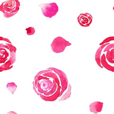 Kusursuz desen. Beyaz arka planda romatik pembe gül çiçekleri suluboya el resmi.