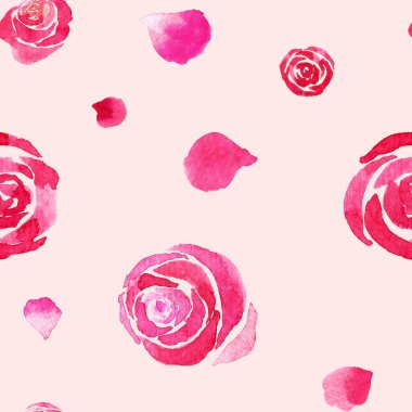 Kusursuz desen. Pembe arkaplanda pembe gül çiçekleri suluboya el resmi.