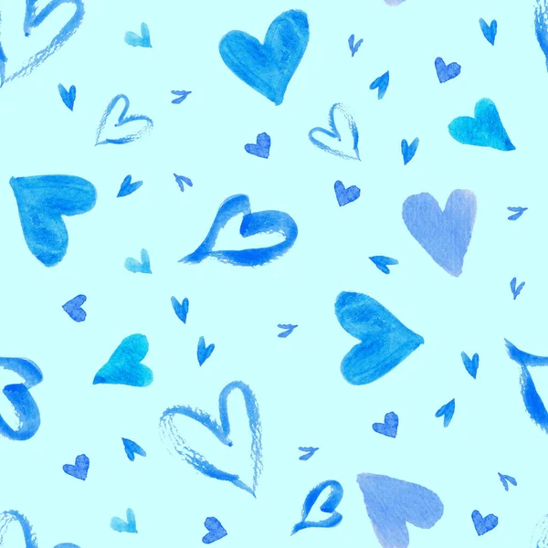 Niebieskie Serca Płynny Wzór Pastelowym Jasnoniebieskim Tle Malowanie Akwarelami Valentine — Zdjęcie stockowe