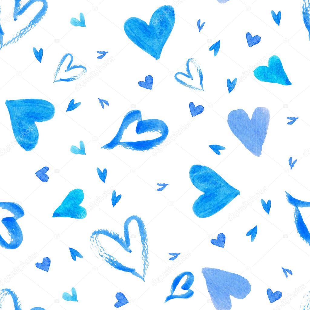 blue hearts seamless pattern on white background. Watercolor hand painting. Valentine love theme, wedding, romantic texture hand drawn.