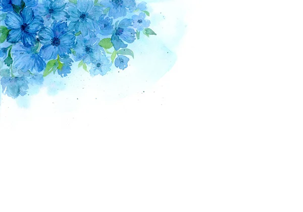 蓝色蓝绿色蓝绿色花的框架 水彩画手绘插图 婚宴请柬和夏季广告的花卉装饰元素 — 图库照片