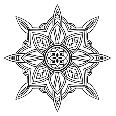 Mandala şeklinde dairesel desen boyama kitabı, Henna, Mehndi, dövme, yoga logosu. Meditasyon posteri için arka plan. Sıra dışı çiçek şekilli oryantal çizgi vektörü. Stres önleyici terapi modeli.