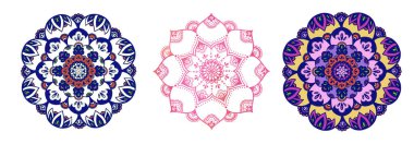 Henna, Mehndi, dövme, Yoga logosu şeklinde dairesel desen. Meditasyon posteri için arka plan. Sıra dışı çiçek şekilli oryantal çizgi vektörü. Stres önleyici terapi modeli.