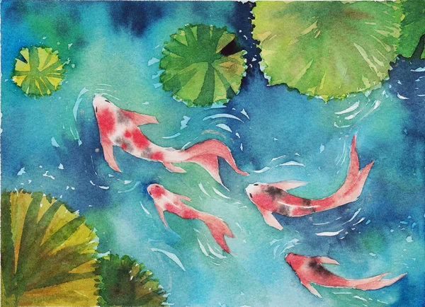 水彩画手描き 池に2匹の鯉魚 幸運と繁栄の象徴 — ストック写真