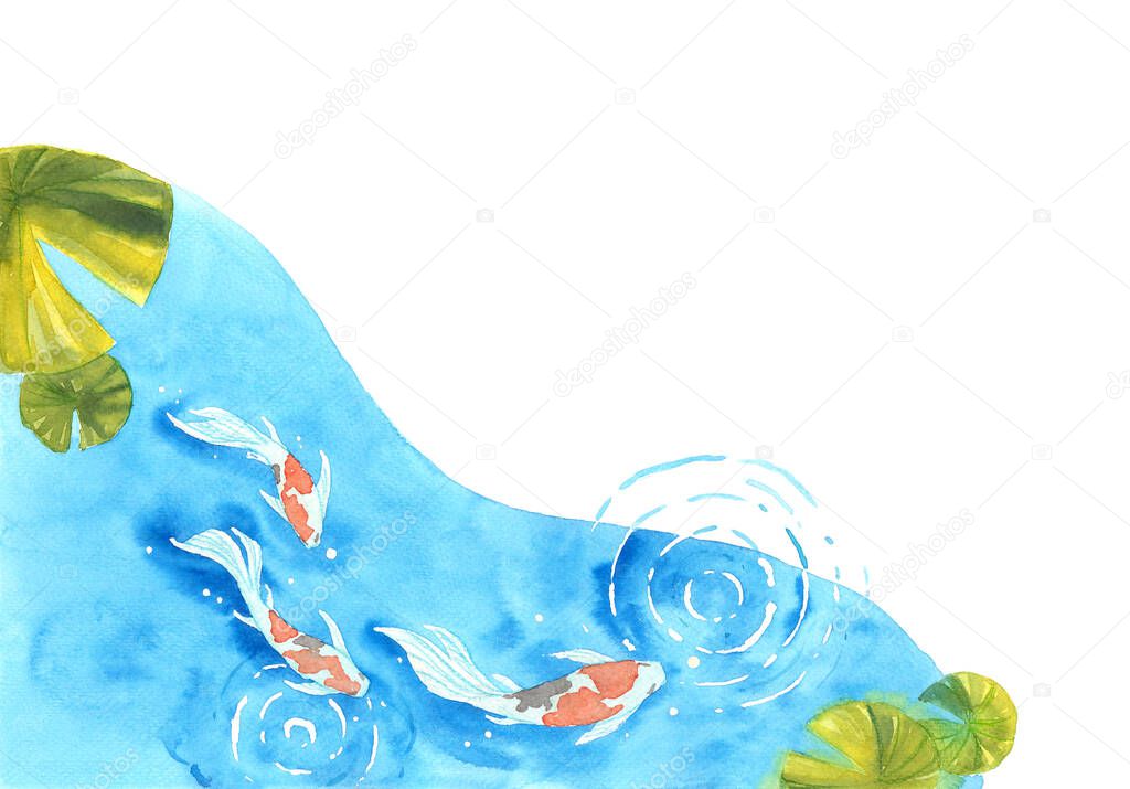 Frame of beautiful  brilliantly colored Koi Carp fish in a pond. Watercolor hand painting  for decoration on wallpaper, cover page, template, postcard, poster.  symbol of good luck and prosperity. 