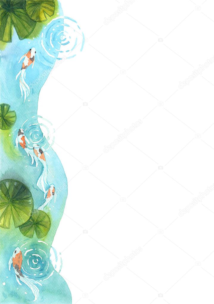 Koi fish swimming in water and water lilly leaves watercolor hand painting template background with text space.