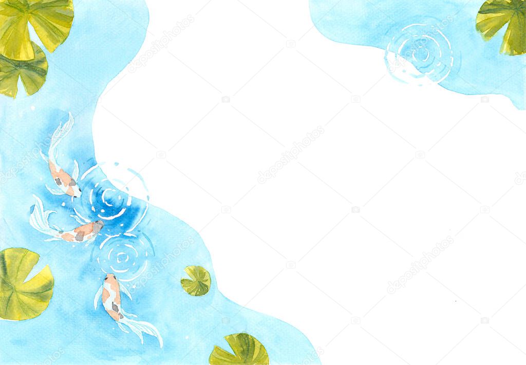 Frame of beautiful  brilliantly colored Koi Carp fish in a pond. Watercolor hand painting  for decoration on wallpaper, cover page, template, postcard, poster. symbol of good luck and prosperity. 