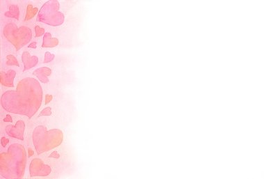 Romantik, sevimli pembe kalp geçmişi. Suluboya el resmi çizimi. Duvar kağıdı, ambalaj, afiş, poster, el ilanı için tasarım ögesi.