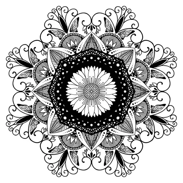 着色本 メフンディ タトゥー ヨガのロゴのための曼荼羅の形で円形のパターン 瞑想ポスターの背景 珍しい花形のオリエンタルラインベクトル 抗ストレス療法パターン 花と蝶 — ストックベクタ