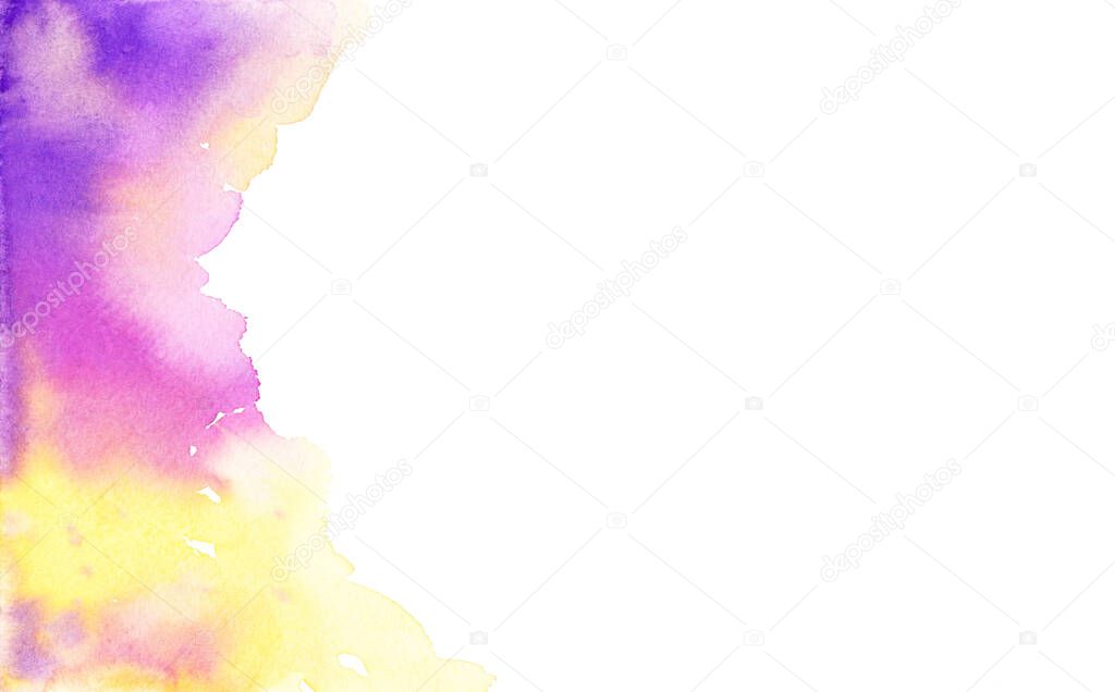 Colorful abstract paper texture. Watercolor hand painting. Magenta, purple and yellow on white background. Grunge design element for poster, flyer, name card.