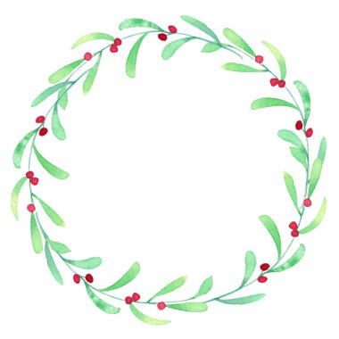 Yeni yıl ve Noel çelengi. Xmas dekoratif elementleri beyaz arka planda izole edildi. Suluboya elle çizilmiş resimler. Kesme yolu.