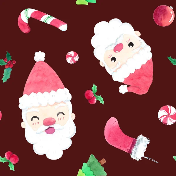 Cute christmas cartoon seamless background:  Santa Claus, Fir tree, ball, sweet, sock and holly berry. Pattern for girls, boy, kids, textile, wrapping paper. Watercolor hand painting