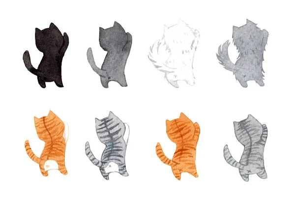 Set Cute Cats Same Pose Watercolor Hand Painting Illustration White — Stock Photo, Image