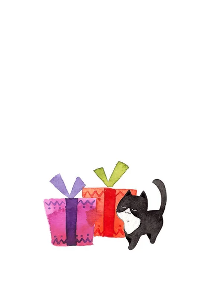 猫在推送礼品盒 白色背景上的水彩画手绘插图 复制空间为您的文字 礼品卡 宠物广告的设计 — 图库照片
