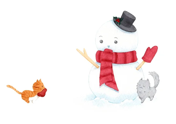 Leuke Kerstman Sneeuwman Met Hoed Sjaal Kat Witte Achtergrond Aquarelillustraties — Stockfoto