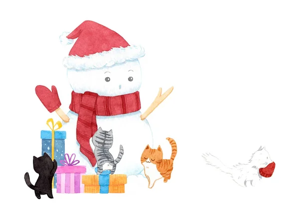 Bonito Boneco Neve Natal Usando Chapéu Cachecol Gato Fundo Branco — Fotografia de Stock