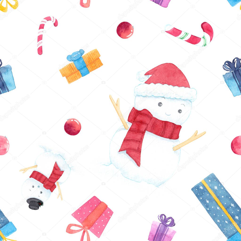 Happy Holidays Seamless Pattern with Colorful Gift Boxes, snow man, candy cane and decoration ball. Design Element Can Be Used for Wallpaper, Packaging, Background.