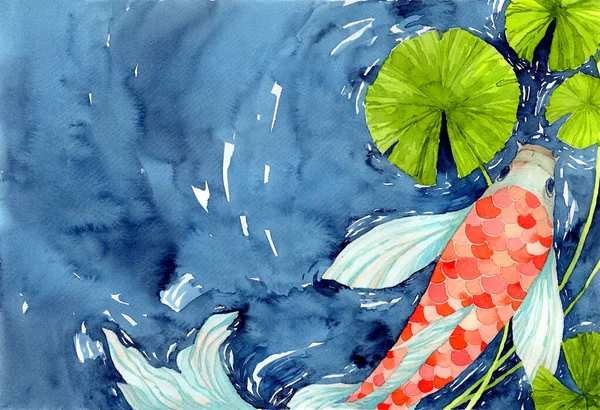 海鱼在池塘里 象征着好运与繁荣 水彩画手绘插图 — 图库照片#