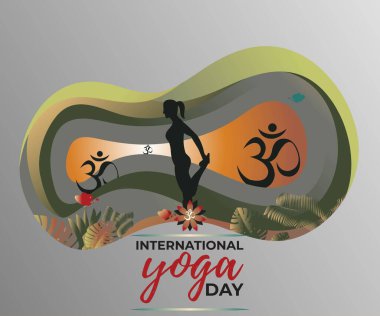 Uluslararası Yoga Günü 'nün vektör illüstrasyonu. İllüzyon, kadını AUM 'un tezahüratını tasvir eden 