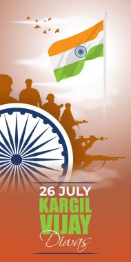 Kargil Vijay Diwas 'ın vektör ilüstrasyonu 26 Temmuz' da kutlandı. Kargil Savaşı 'nda hayatını feda eden şehitlerin anısına. Ülkeyi korumak ve zafer kazanmak için..