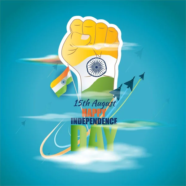 8月15日に行われたインド独立記念日のベクトルイラストでは アショカチャクラでトリコロールで描かれた手が描かれ Happy Independence Day と書かれたインド国旗と3つのジェットが敬意を表しています — ストックベクタ