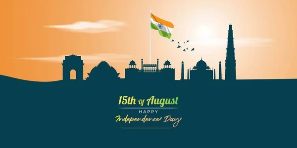 印度独立日的矢量图解 快乐独立日 的文字展示印度国旗和红堡 — 图库矢量图片
