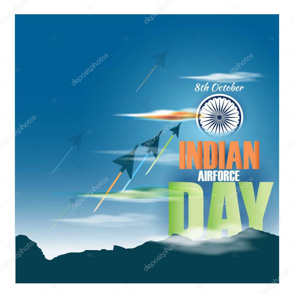 Vector Illustration for Indian Airforce day celebrated on 8th October. Illustration Shows the Indian Flag in the background with 3 jets giving tribute.