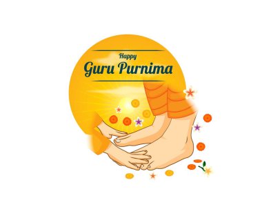 Guru Purnima için vektör illüstrasyonunda öğretmeninin ayaklarına dokunan öğrencinin öğretmenini kutsadığı görülüyor..