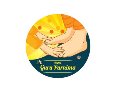 Guru Purnima için vektör illüstrasyonunda öğretmeninin ayaklarına dokunan öğrencinin öğretmenini kutsadığı görülüyor..