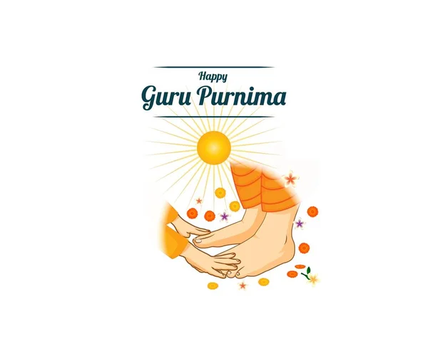Guru Purnima için vektör illüstrasyonunda öğretmeninin ayaklarına dokunan öğrencinin öğretmenini kutsadığı görülüyor..