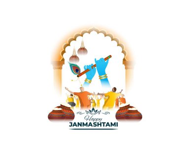 Hint festivali Janmashtami 'nin şenlikli arka plan konsepti. Metin ortalaması Janamashtami, vektör illüstrasyonu, bayram, afiş, el ilanı, selamlama. 