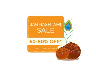 Tanıtım etiketi, Hint festivali Janmashtami 'nin arka plan konsepti. Metin ortalaması Janamashtami, vektör illüstrasyonu, bayram teklifi, afiş, el ilanı, selamlama.