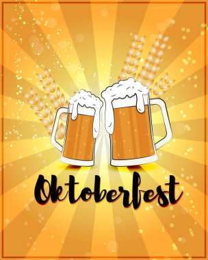 Oktoberfest için vektör çizimi, bira bardakları ve buğday dikenli şablon