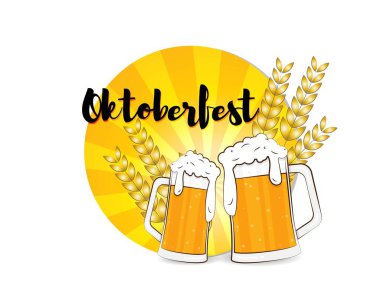 Oktoberfest için vektör çizimi, bira bardakları ve buğday dikenli şablon