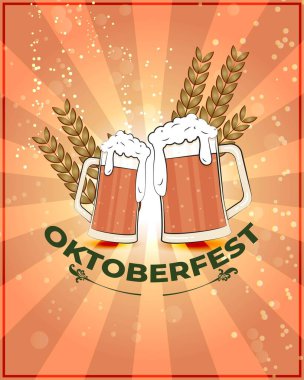 Oktoberfest için vektör çizimi, bira bardakları ve buğday dikenli şablon