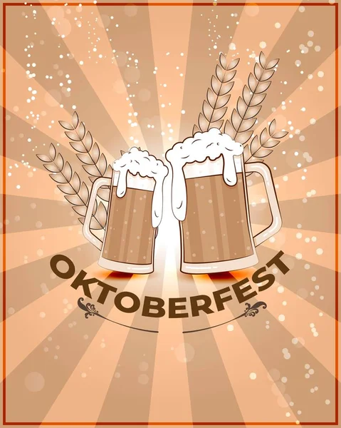 Oktoberfest için vektör çizimi, bira bardakları ve buğday dikenli şablon