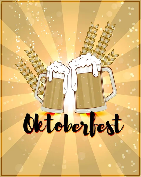 Oktoberfest için vektör çizimi, bira bardakları ve buğday dikenli şablon