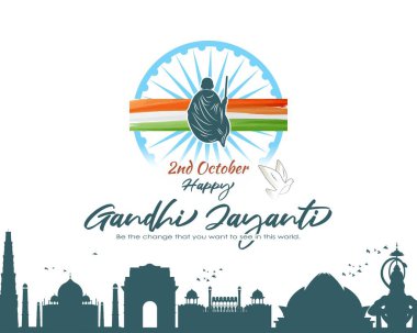 Gandi Jayanti 'nin vektör illüstrasyonunda Mahatma Gandhi ve Hint Bayrağı görülüyor. Gandi Jayanti 'nin doğum günü 2 Ekim' de kutlanır.. 