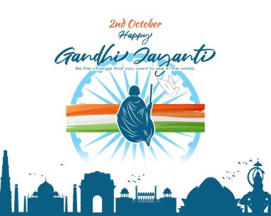 Gandi Jayanti 'nin vektör illüstrasyonunda Mahatma Gandhi ve Hint Bayrağı görülüyor. Gandi Jayanti 'nin doğum günü 2 Ekim' de kutlanır.. 
