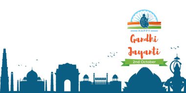 Gandi Jayanti 'nin vektör illüstrasyonunda Mahatma Gandhi ve Hint Bayrağı görülüyor. Gandi Jayanti 'nin doğum günü 2 Ekim' de kutlanır.. 