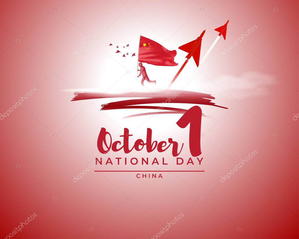 vector illustration for greeting Happy National Day China October 1st, Template with the man with the Chinese flag, jets, and birds