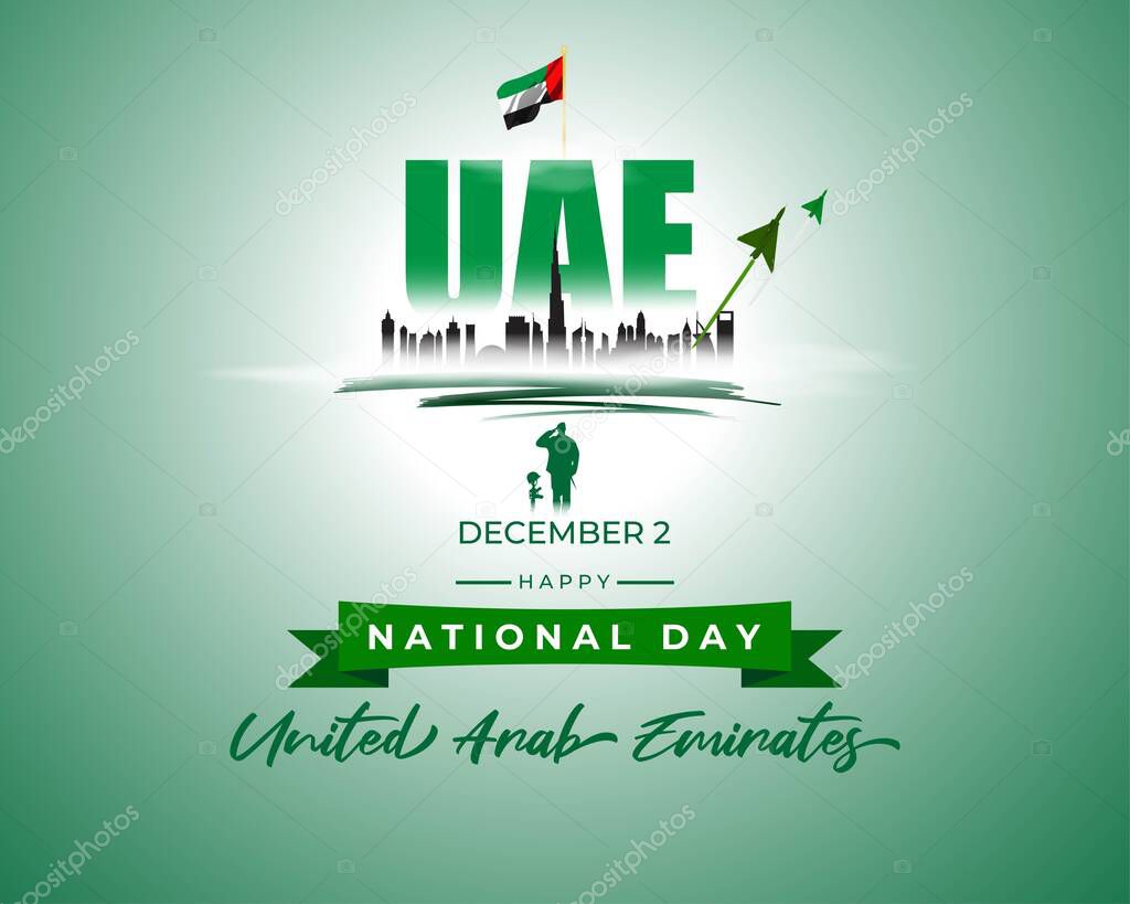 vector illustration banner for UAE National Day is marked annually on December 2 in the United Arab Emirates, with silhouettes of city man and flag 