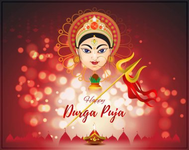 Durga puja metniyle Mutlu Durga Puja arkaplanda Tanrıça Durga Surat 'ın resmedilmesi Durga Puja anlamına gelir