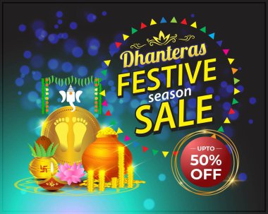 Hint festivali Dhanteras festival şirketinin tanıtım etiketi için bayrak / tebrik arkaplan kavramı sunuyor, reklam etiketi 