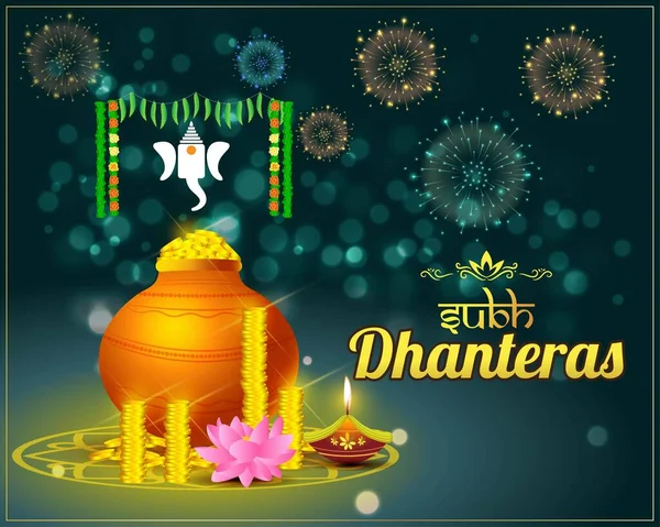 Ilustracja Wektorowa Pozdrowienia Szczęśliwymi Dhanteras Pierwszy Dzień Festiwalu Diwali Indiach — Wektor stockowy