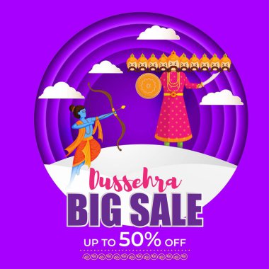 Hint festivali Dussehra festival şirketinin tanıtım etiketi için bayrak / tebrik arkaplan konsepti sunuyor, reklam etiketi 