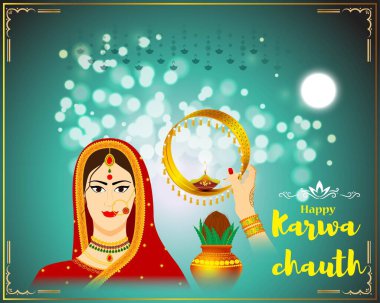 Hindistan 'daki mutlu Karwa Chauth festivali için vektör illüstrasyonu